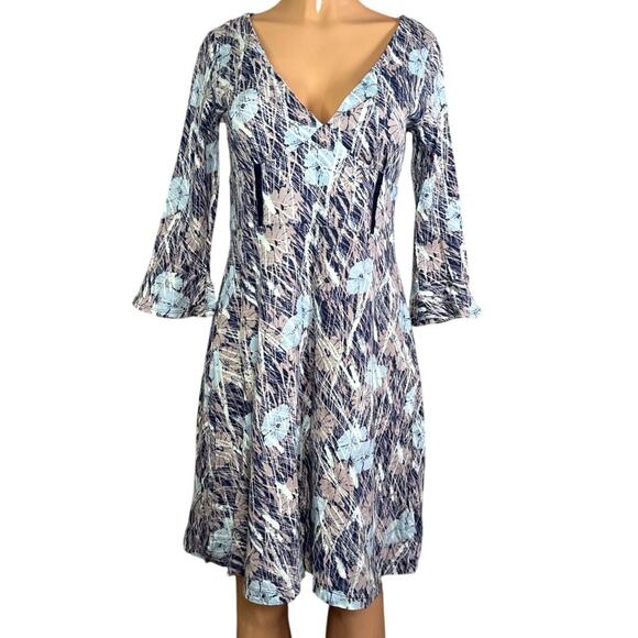 Stetson Cropped Sleeve Floral V-Neck Dress Blue Gray Size Medium - Picture 1 of 9